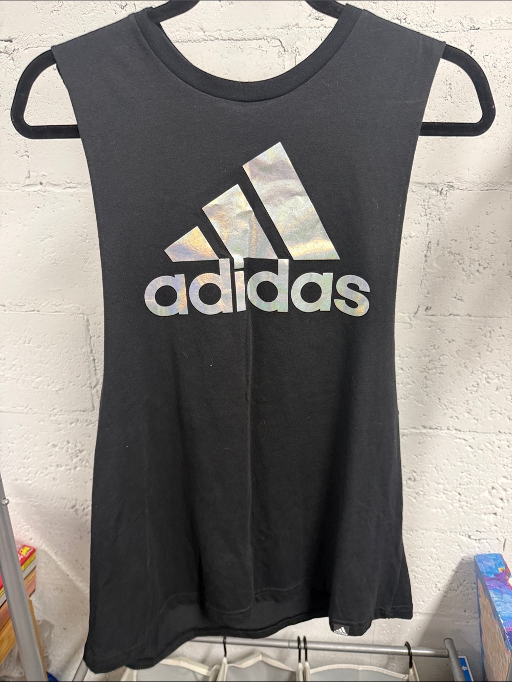 adidas Black Tank Top with Iridescent Logo Size Large Muscle Tee Climalite NWOT